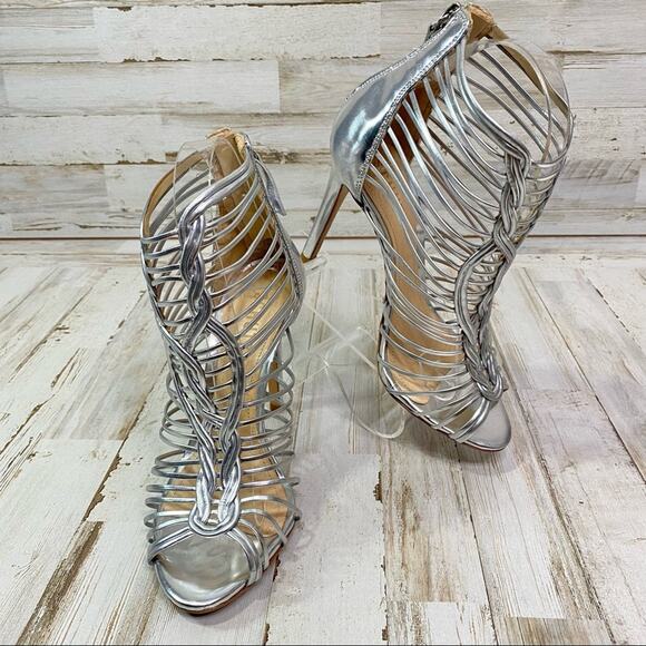 Schutz Margaery Metallic Strappy Sandal Womens Size 6B Silver Stiletto Caged - Picture 1 of 14